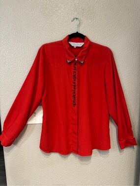 Vintage Lilia Smitty Western Blouse Red Rhinestone Collar Cowgirl Rodeo Shirt